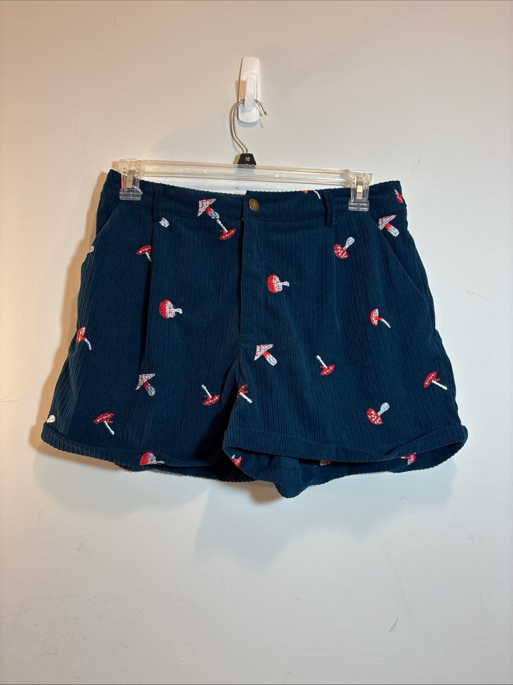 Cider Navy Corduroy Shorts with Red & White Mushroom Embroidery - Picture 2 of 11
